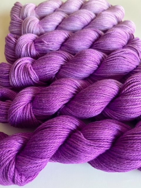 Hand Dyed Vegan Yarn Kit | DK / Light Worsted Bamboo Cotton "Kierra" | Semisolid Fiber in 6 Ombre Shades of Hot Violet | 3 Ply Ultra Soft