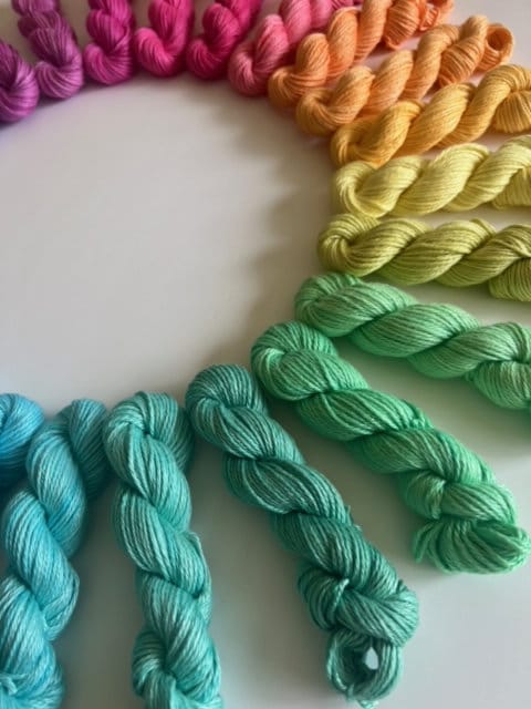 Hand Dyed Vegan 25 Color Mini Skein Rainbow Yarn Kit | DK / Light Worsted Bamboo Cotton | 53 Yds Each | Streaky Semisolid Pastel Colors