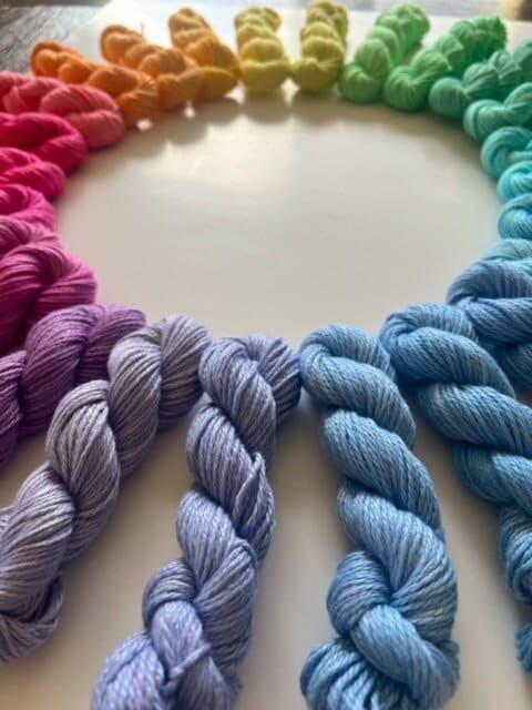 Hand Dyed Vegan 25 Color Mini Skein Rainbow Yarn Kit | DK / Light Worsted Bamboo Cotton | 53 Yds Each | Streaky Semisolid Pastel Colors