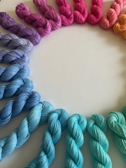 Hand Dyed Vegan 25 Color Mini Skein Rainbow Yarn Kit | DK / Light Worsted Bamboo Cotton | 53 Yds Each | Streaky Semisolid Pastel Colors