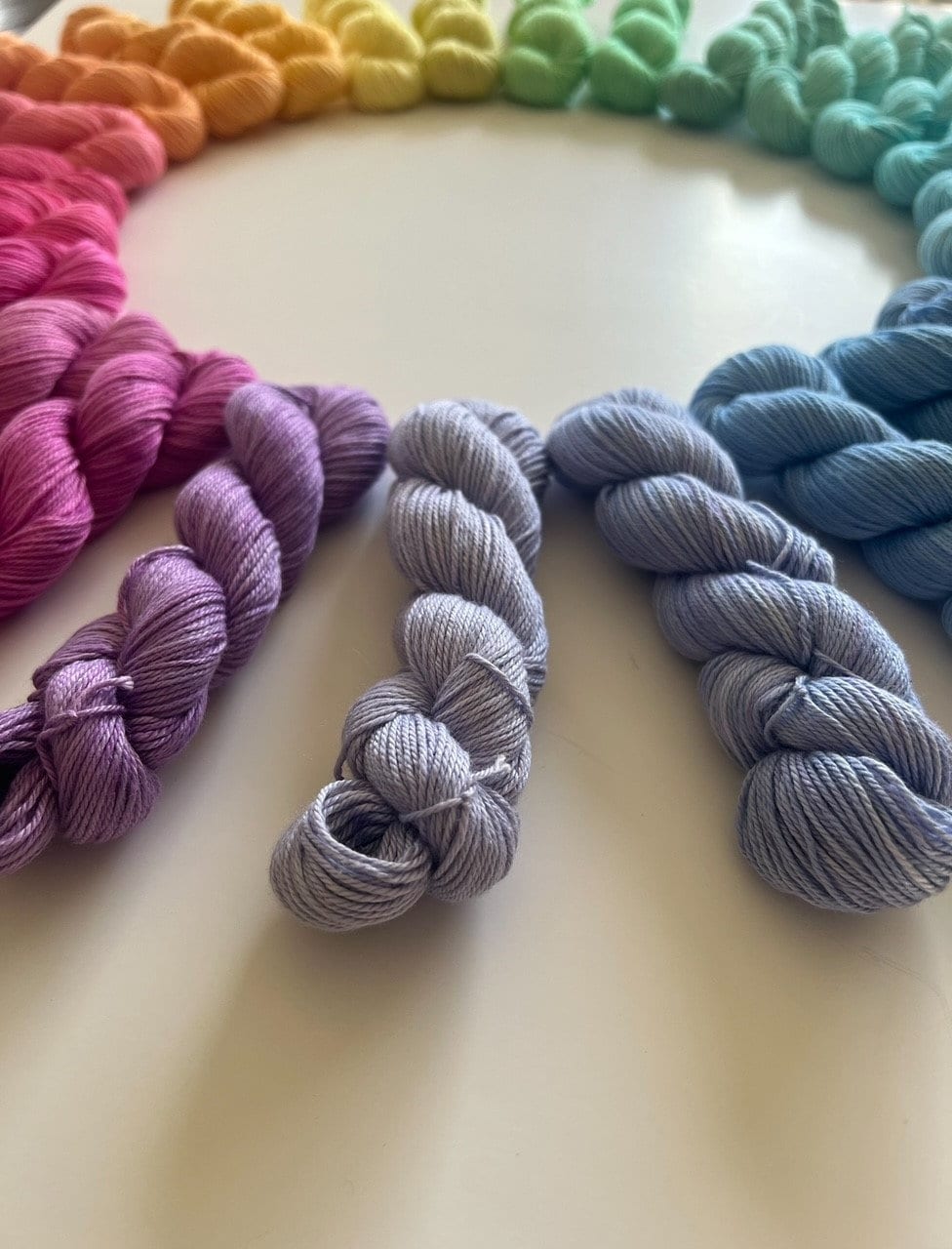 Hand Dyed Vegan Fingering Weight Pastel Yarn | 25 Color Mini Skein Rainbow Set | Bamboo Cotton 106 Yd Streaky Semisolid Skeins