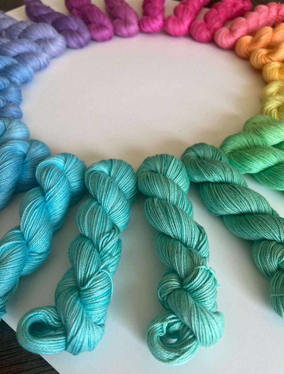 Hand Dyed Vegan Fingering Weight Pastel Yarn | 25 Color Mini Skein Rainbow Set | Bamboo Cotton 106 Yd Streaky Semisolid Skeins