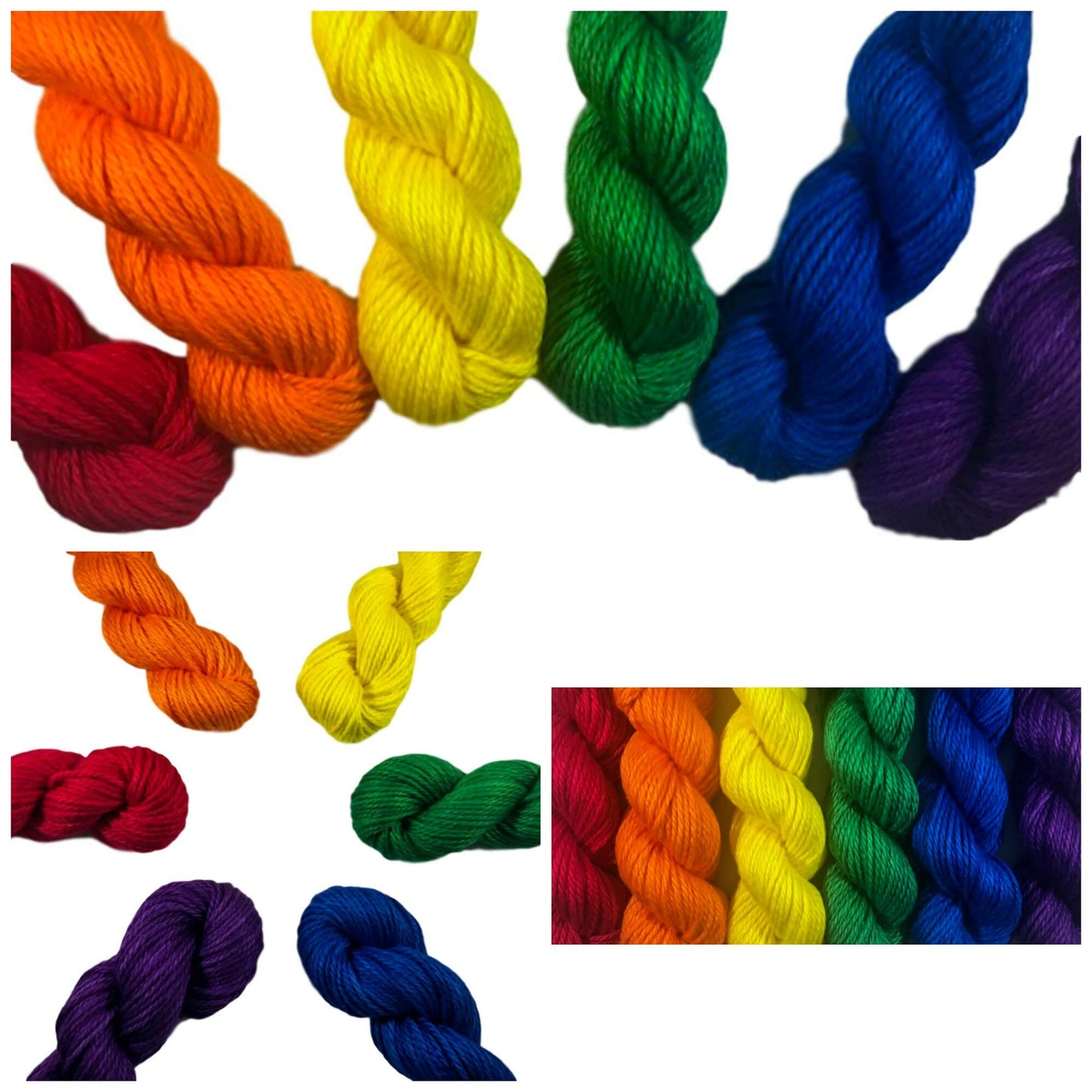 Rainbow Mini Skein Set - Hand Dyed Yarn - Semi Solid Tonal Fiber - Indie Dyed - 6 Colors - Vegan Artisan Yarn - Bamboo Cotton - Ultra Soft
