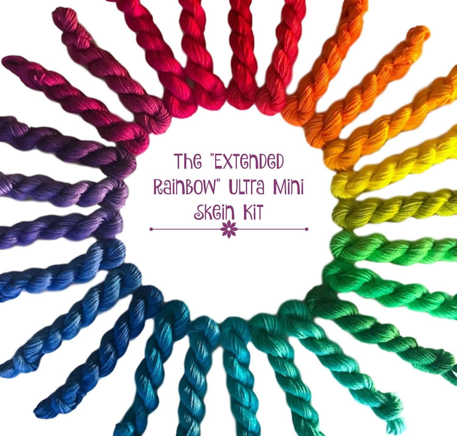 Rainbow Yarn Kit - Hand Dyed - 25 "Ultra" Mini Skeins - DK Light Worsted 3 Ply - Bright Colors - Vegan Cotton Bamboo - Semi Solid Artisan