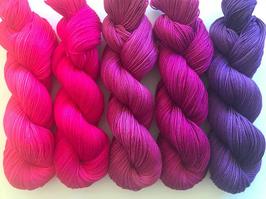 Vegan Gradient Yarn Kit - Hand Dyed - Fingering / Sock Weight - Bamboo Cotton - Pink and Purple - 320 yd Skeins - Semi Solid / Tonal Fiber