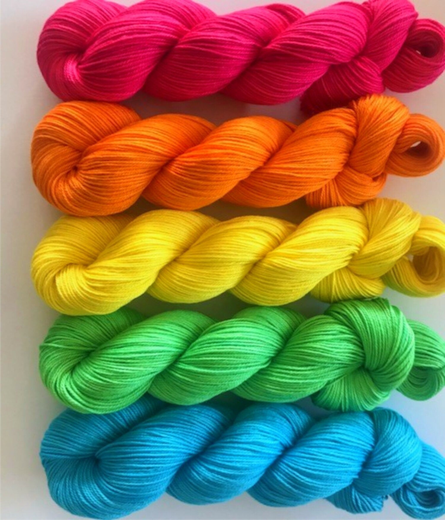 Vegan Yarn Kit - Hand Dyed Fingering /Sock Weight - Bamboo Cotton - Neon Rainbow - 3 Ply - Five 320-yd Skeins - Semi Solid Indie Dyed Fiber