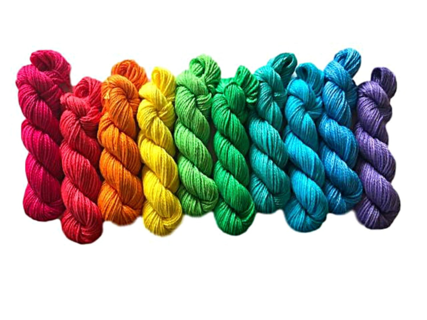 Rainbow Vegan Yarn Kit - DK Hand Dyed Semi Solid Mini Skeins - 10 Colors (53 yd skeins) - Bamboo Cotton Artisan Tonal Yarn - 3 Ply Sport Wt