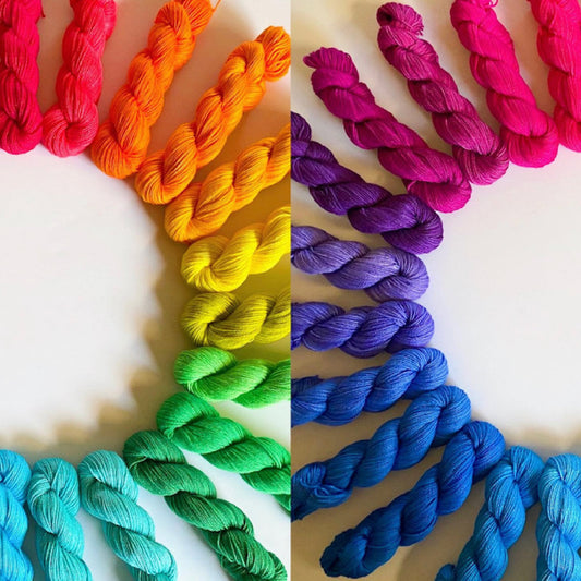 Rainbow Yarn Kit - 25 Mini Skeins - Sock / Fingering Weight - Fiber Gift Set - Hand Dyed Bamboo Cotton Yarn - 25 Skeins and Colors