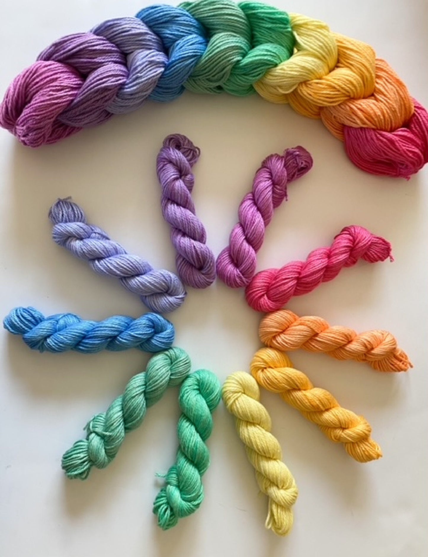 Rainbow Hand Dyed Vegan Yarn Kit - Pastels - "Mo's Rainbow" - 10 Color DK / Light Worsted Bamboo Cotton Mini Skein Set - 53 yds per skein