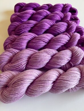 Hand Dyed Vegan Yarn Kit | DK / Light Worsted Bamboo Cotton "Kierra" | Semisolid Fiber in 6 Ombre Shades of Hot Violet | 3 Ply Ultra Soft