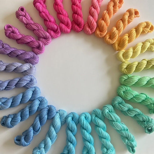 Hand Dyed Vegan 25 Color Mini Skein Rainbow Yarn Kit | DK / Light Worsted Bamboo Cotton | 53 Yds Each | Streaky Semisolid Pastel Colors