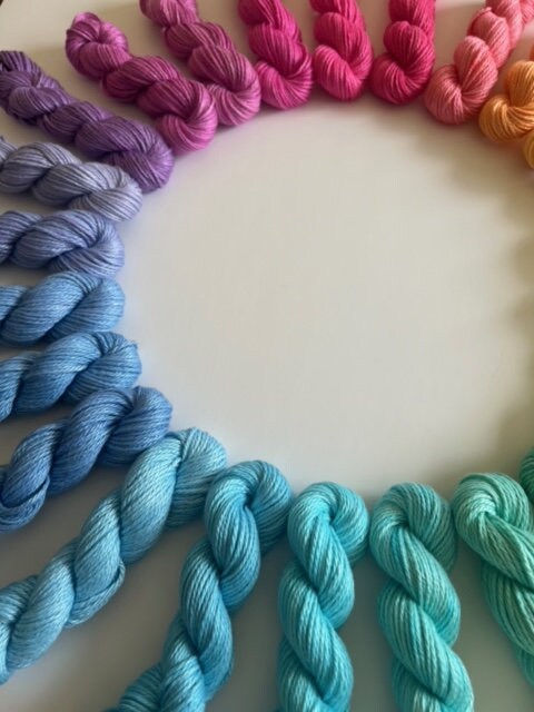 Hand Dyed Vegan Yarn Pastel Mini Skeins | Streaky Semisolid DK Light Worsted | 25 Colors to Choose From | 3 Ply Soft Bamboo Cotton Blend