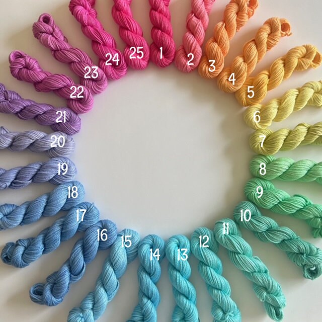 Hand Dyed Vegan 25 Color Mini Skein Rainbow Yarn Kit | DK / Light Worsted Bamboo Cotton | 53 Yds Each | Streaky Semisolid Pastel Colors