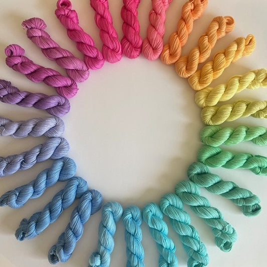 Hand Dyed Vegan Fingering Weight Pastel Yarn | 25 Color Mini Skein Rainbow Set | Bamboo Cotton 106 Yd Streaky Semisolid Skeins