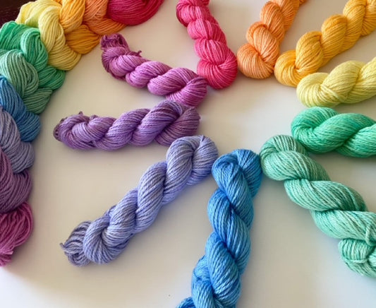 Rainbow Hand Dyed Vegan Yarn Kit - Pastels - "Mo's Rainbow" - 10 Color DK / Light Worsted Bamboo Cotton Mini Skein Set - 53 yds per skein